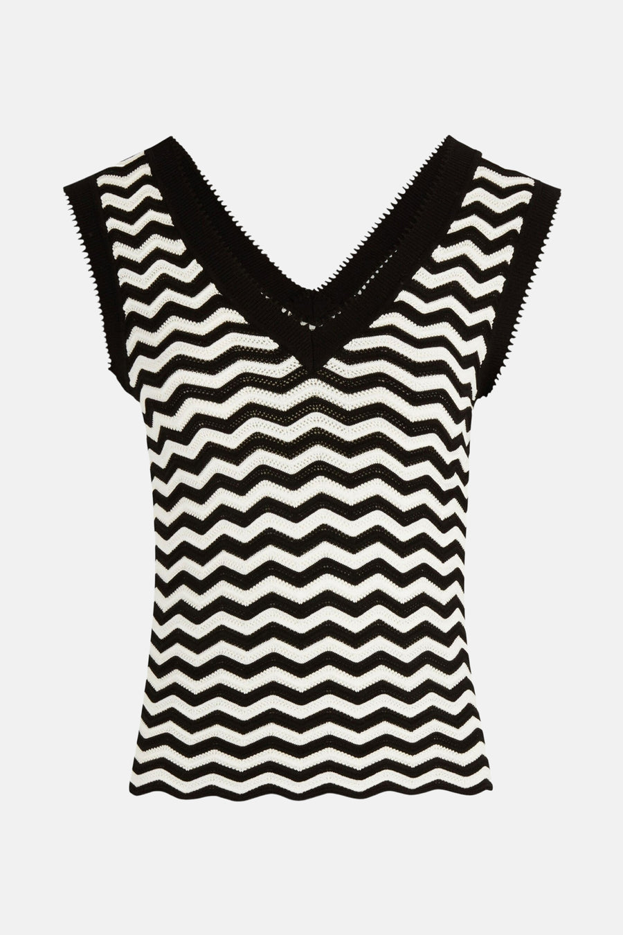 Top sans manches noir de Morgan de Toi avec motif zigzag blanc, en tricot fin.