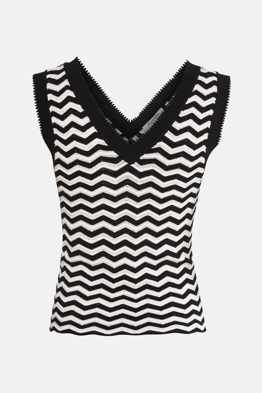 Top sans manches noir et blanc à motif zigzag, de Morgan de Toi, avec encolure en V noire.
