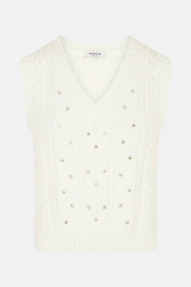 Witte gebreide top van Morgan de Toi, met kabelpatroon en versierd met strass.