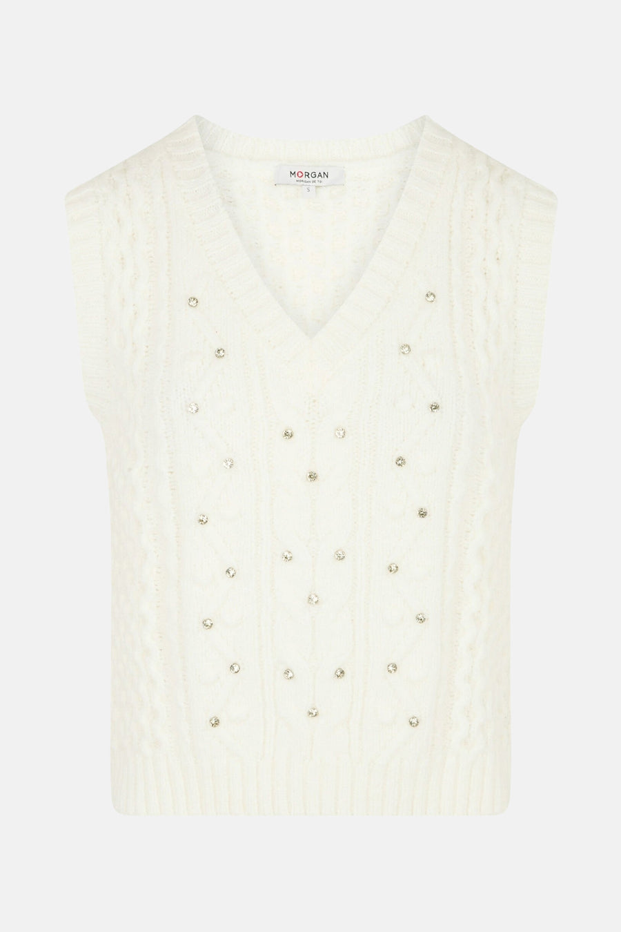 Witte gebreide top van Morgan de Toi, met kabelpatroon en versierd met strass.