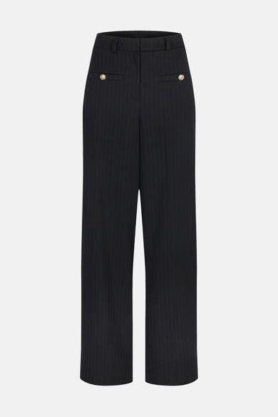 Marineblauwe gestreepte pantalon van Morgan de Toi, met decoratieve zakken met gouden knopen.