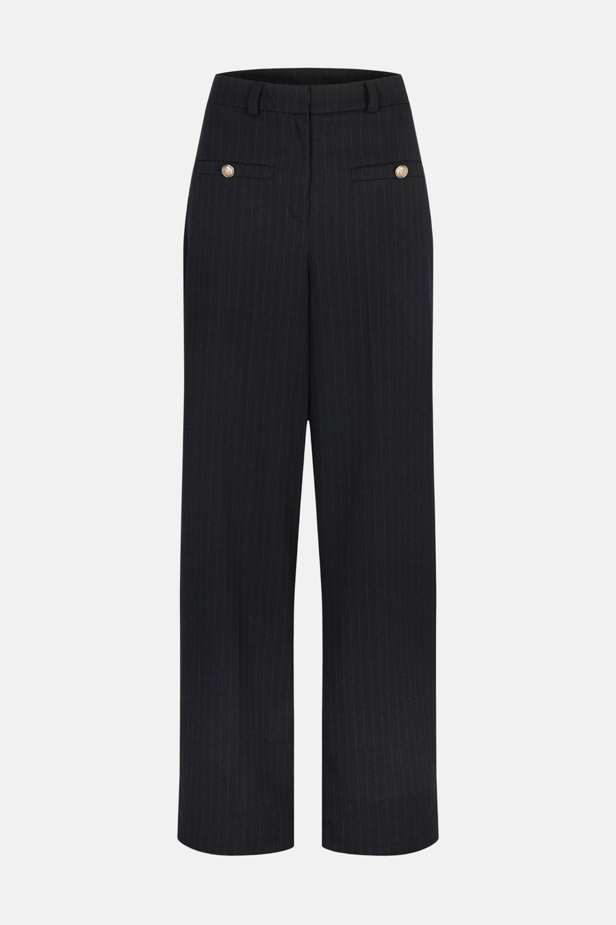 Marineblauwe gestreepte pantalon van Morgan de Toi, met decoratieve zakken met gouden knopen.
