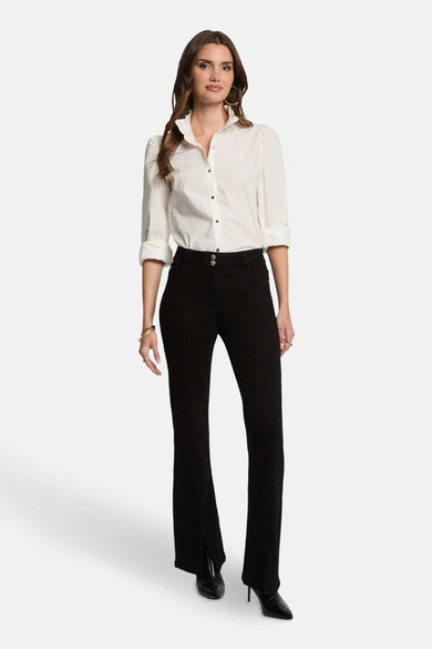 Zwarte bootcut jeans van Morgan de Toi met een knoopsluiting en een split aan de zoom.