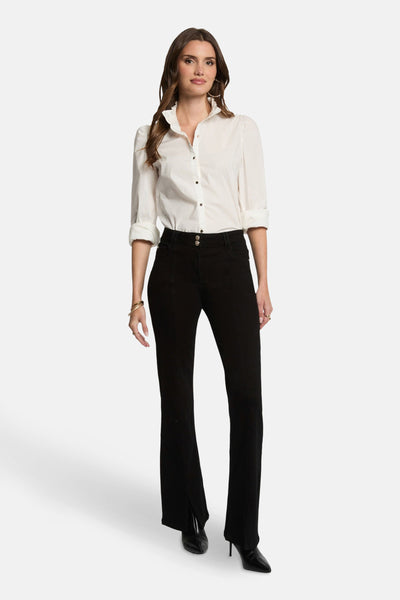 Zwarte bootcut jeans van Morgan de Toi met een knoopsluiting en een split aan de zoom.