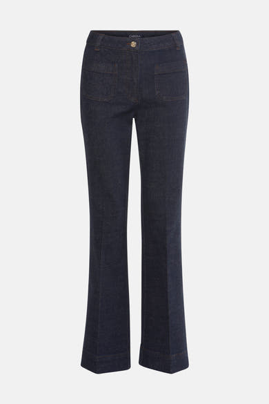 Donkerblauwe uitlopende jeans van CAROLL, met gouden knoop en opgestikte zak.