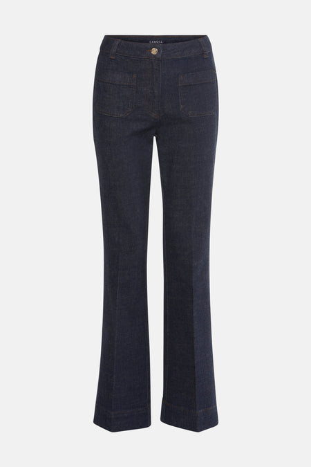 Donkerblauwe uitlopende jeans van CAROLL, met gouden knoop en opgestikte zak.