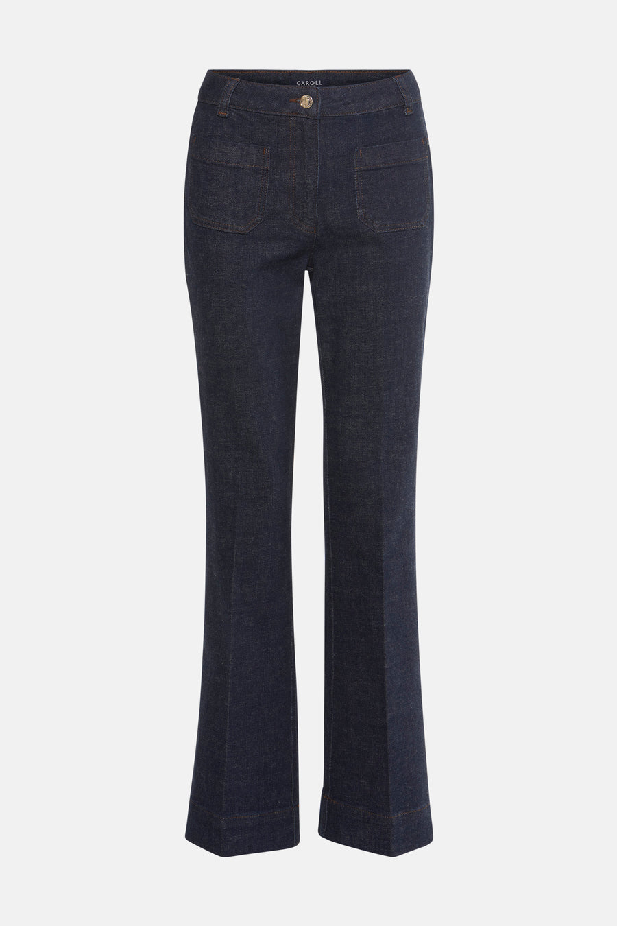 Donkerblauwe uitlopende jeans van CAROLL, met gouden knoop en opgestikte zak.