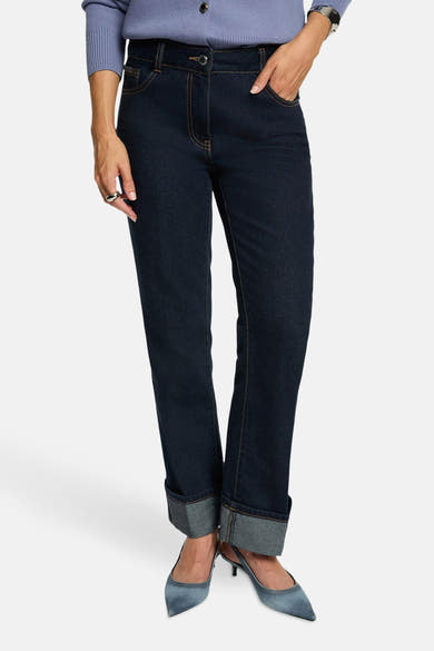 Jean droit en denim bleu foncé de Morgan de Toi, ourlet retroussé et coutures contrastantes.