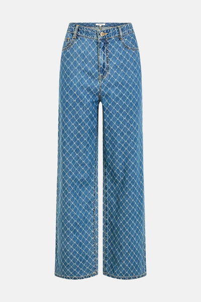 Middelblauwe denim broek van Morgan de Toi, met ruitpatroon en herhaald "M"-logo.