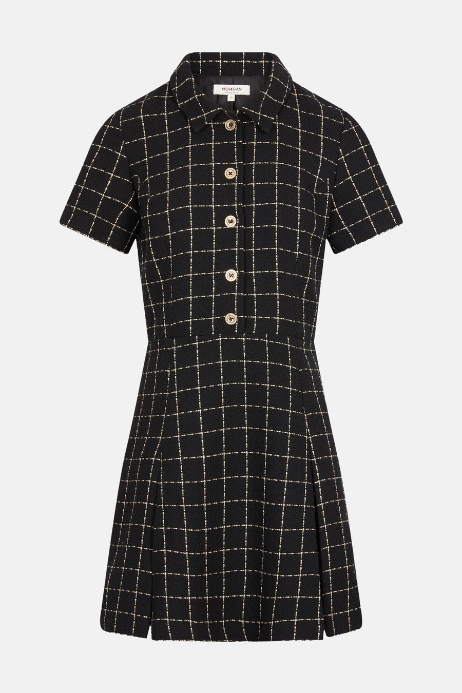 Robe noire à manches courtes de Morgan de Toi, motif quadrillé, coupe ajustée et évasée, boutonnée sur le devant.
