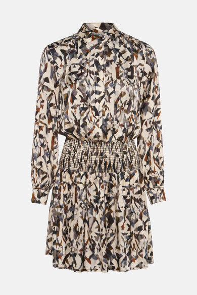 Multikleuren jurk met lange mouwen van CAROLL met geometrische print, smocktaille en overhemdkraag.