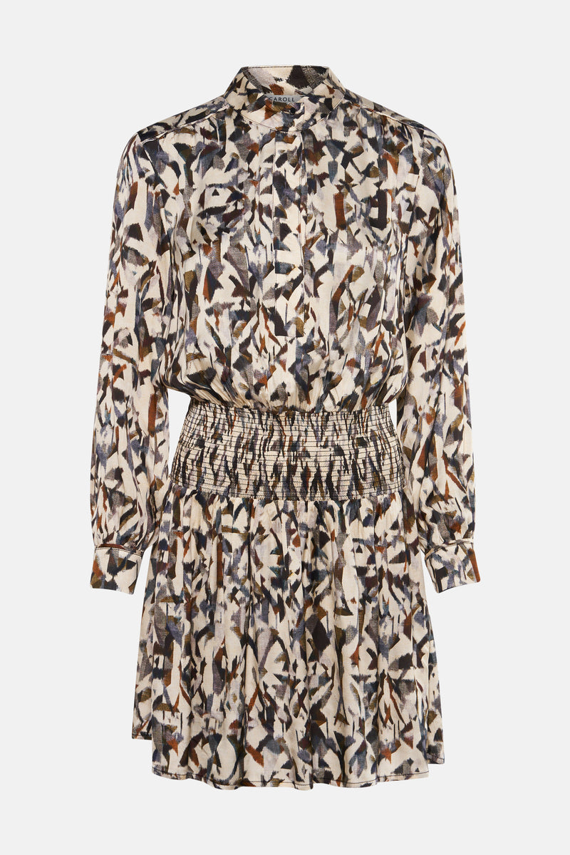 Multikleuren jurk met lange mouwen van CAROLL met geometrische print, smocktaille en overhemdkraag.