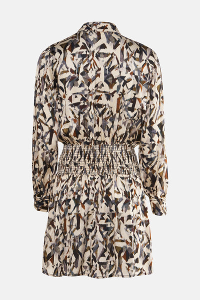 Robe à manches longues multicolore de CAROLL avec imprimé géométrique, taille smockée et col chemise.