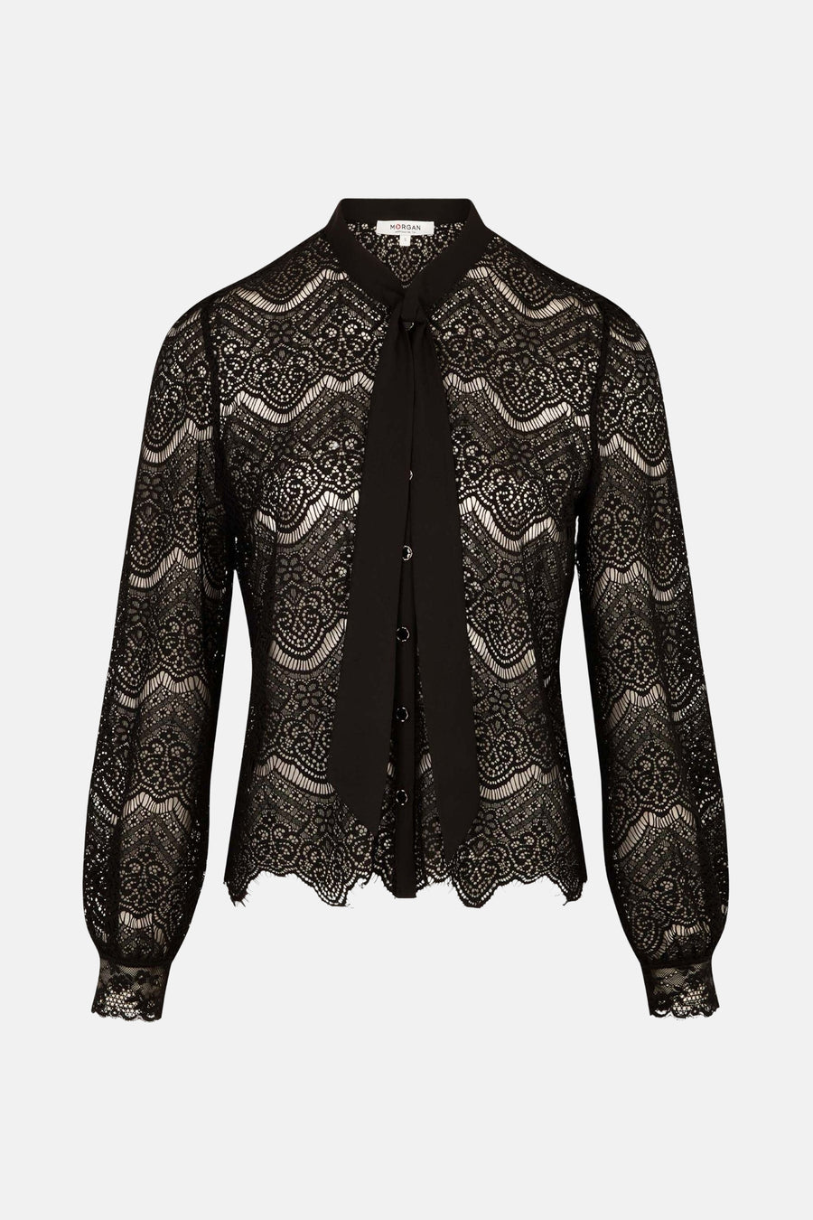 Zwarte blouse met lange mouwen van Morgan de Toi, in bloemenkant met een strik bij de kraag.