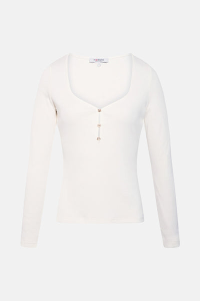 T-shirt à manches longues blanc de Morgan, avec trois boutons décoratifs sur le devant.

