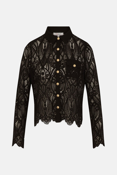 Zwarte kanten blouse van Morgan de Toi, met gouden knopen en borstzak.