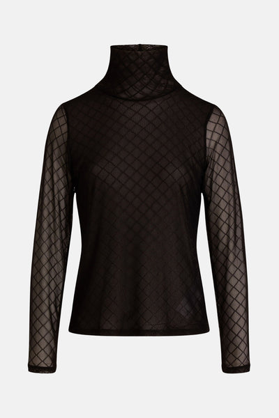 Zwarte blouse met lange mouwen van Morgan de Toi, in doorschijnende stof met ruitpatroon.
