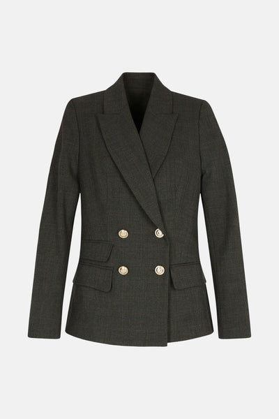 Blazer gris à carreaux par Morgan de Toi avec coupe croisée et boutons dorés.