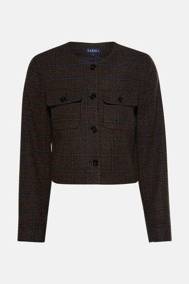 Veste courte marron quadrillée par CAROLL, avec poches plaquées et boutons noirs.