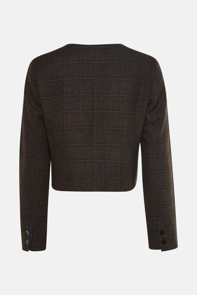 Veste courte marron, de CAROLL, à motif carreaux bleus et boutons décoratifs aux manches, vue de dos.