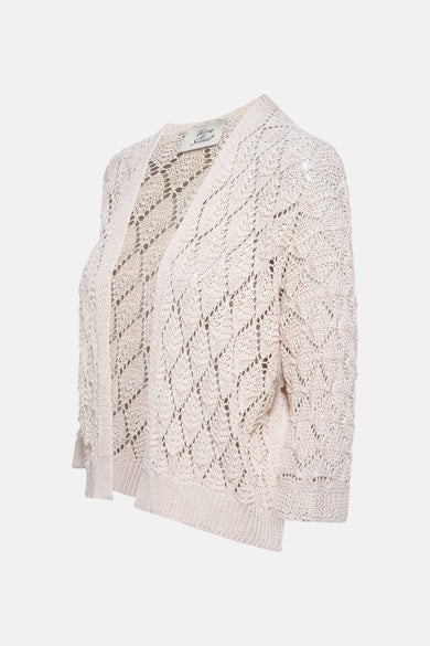 Beige vest in openwork knit from Terra di Siena, with three-quarter sleeves and delicate texture.