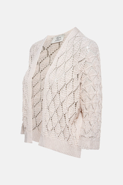 Beige vest in openwork knit from Terra di Siena, with three-quarter sleeves and delicate texture.