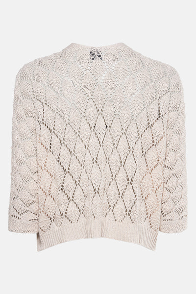 Beige vest in openwork knit from Terra di Siena, diamond pattern, three-quarter sleeves, back view.