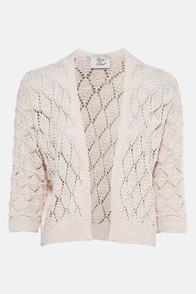Beige vest in openwork knit from Terra di Siena, with three-quarter sleeves and ribbed edges.