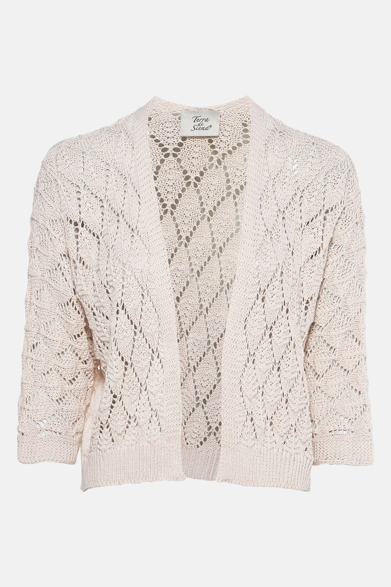 Beige vest in openwork knit from Terra di Siena, with three-quarter sleeves and ribbed edges.