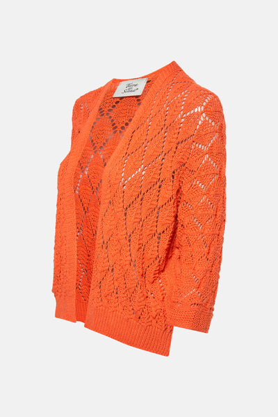 Oranje ajouré vest van Terra di Siena, met driekwartmouwen en ruitpatroon.