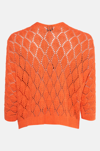 Oranje ajouré vest van Terra di Siena, ruitpatroon gebreid, korte pasvorm, achterzicht.