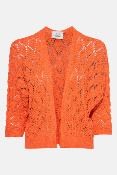 Oranje Terra di Siena vest met ajourpatroon en driekwartmouwen.