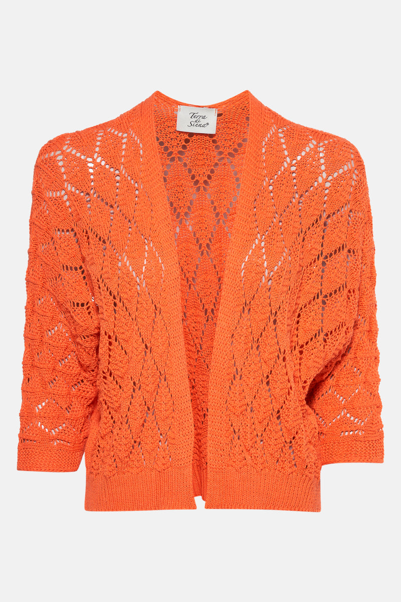 Oranje Terra di Siena vest met ajourpatroon en driekwartmouwen.