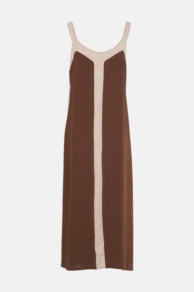 Robe marron de Terra di Siena avec une bande verticale beige contrastante.