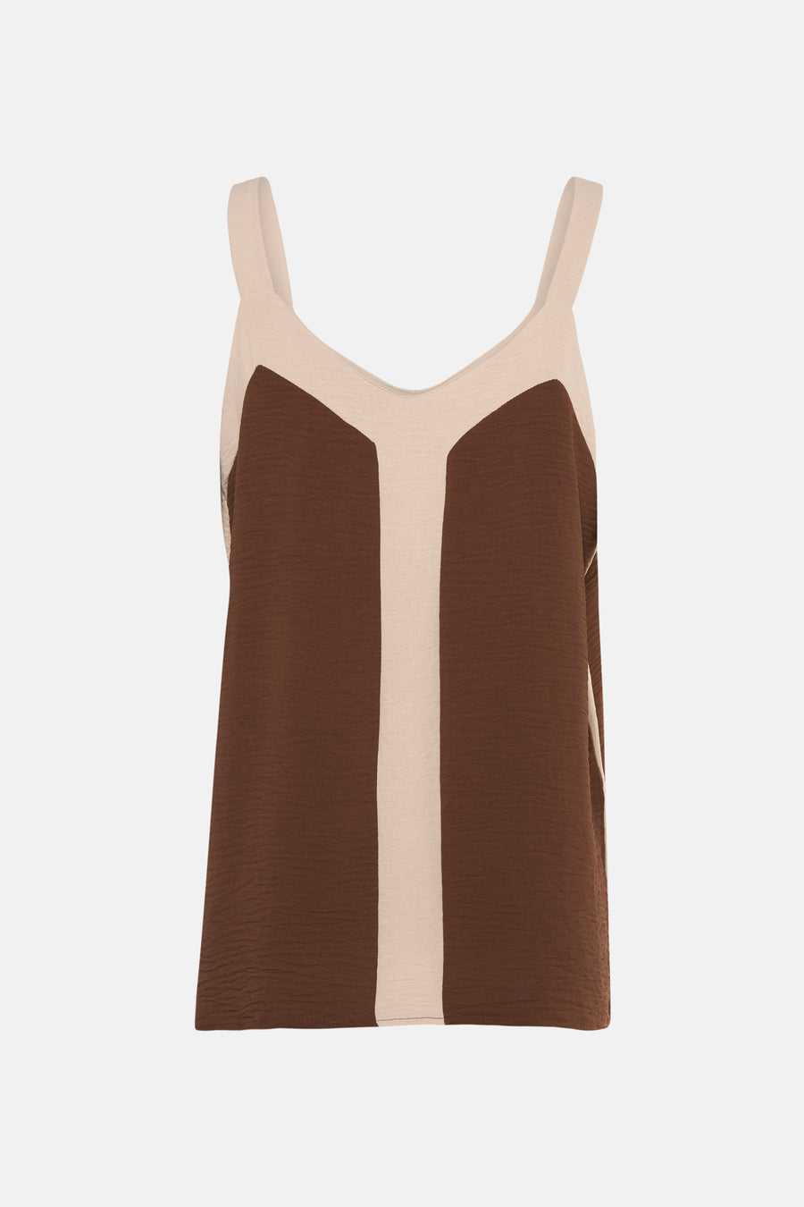 Débardeur marron by Terra di Siena, avec un empiècement beige texturé au centre et bretelles larges.