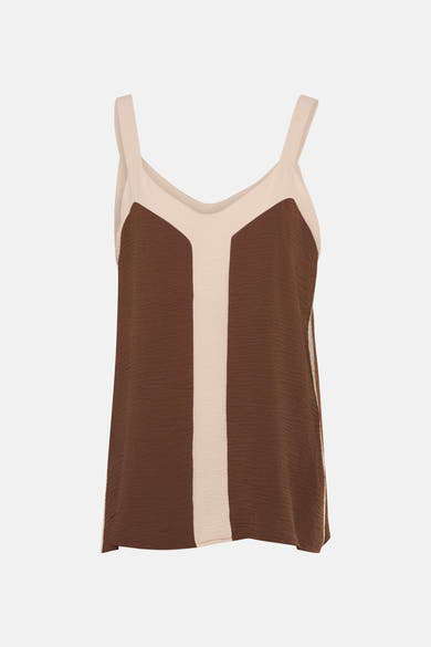 Débardeur marron en tissu texturé de Terra di Siena avec empiècements couleur crème.