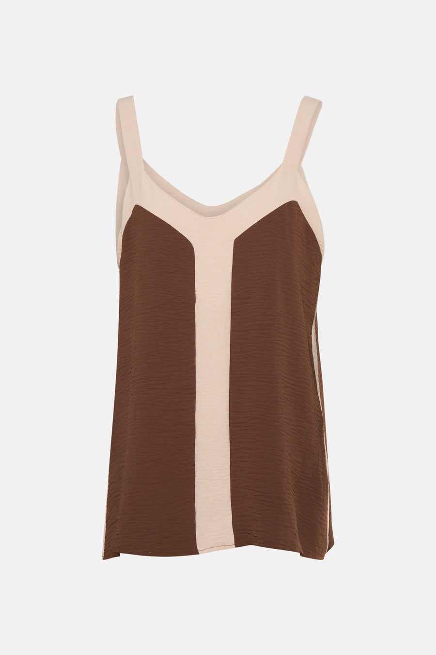 Débardeur marron en tissu texturé de Terra di Siena avec empiècements couleur crème.
