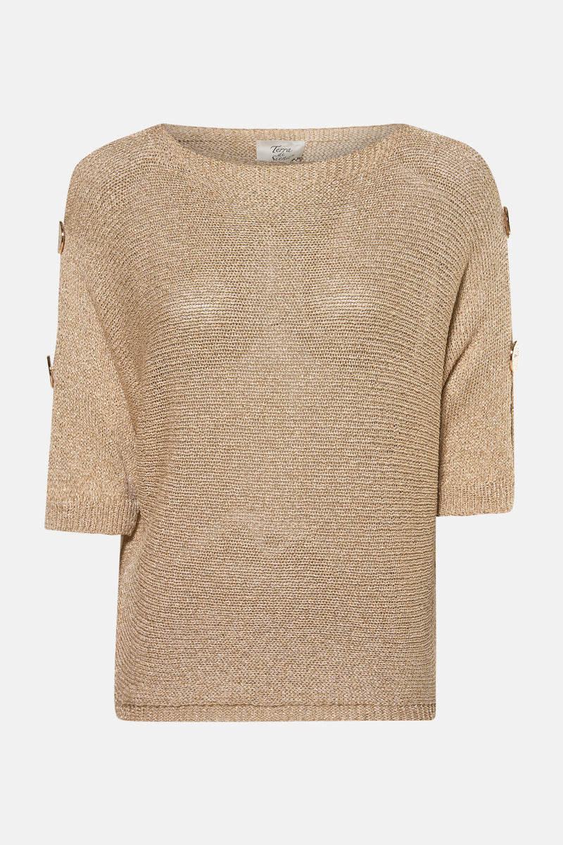 Gouden trui met ronde hals van Terra di Siena, korte mouwen met decoratieve knopen.