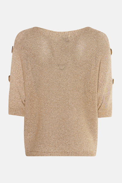 Pull doré à col rond de Terra di Siena, manches courtes avec boutons décoratifs.
