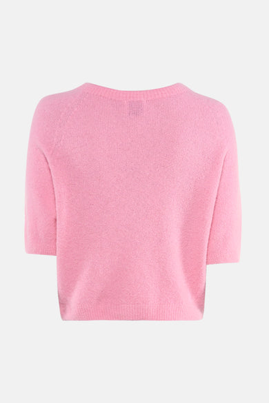 Roze trui met ronde hals van Terra di Siena, fijne breinaald, korte mouwen.
