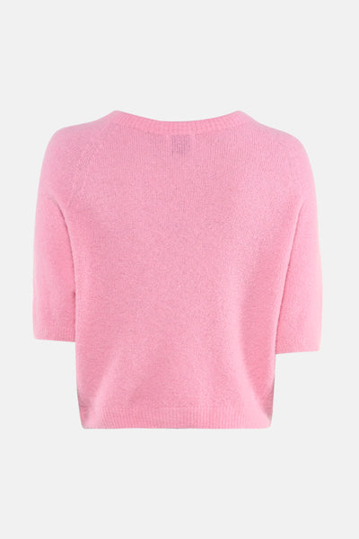 Roze trui met ronde hals van Terra di Siena, fijne breinaald, korte mouwen.