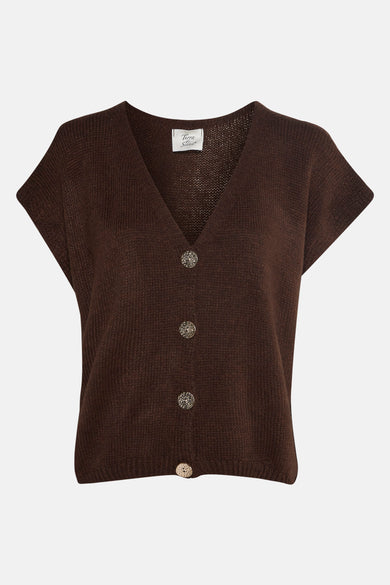 Bruin gebreid vest van Terra di Siena met V-hals en decoratieve knopen.