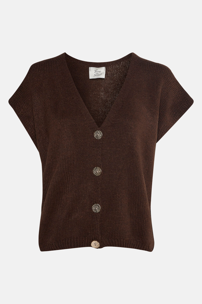 Bruin gebreid vest van Terra di Siena met V-hals en decoratieve knopen.
