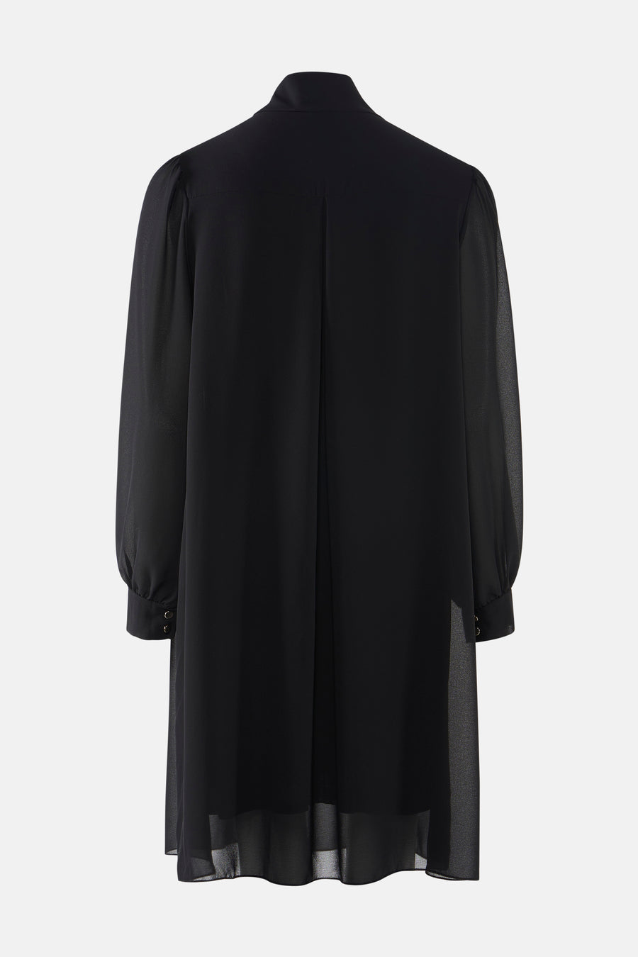 Zwarte jurk met lange mouwen van Terra di Siena, met opstaande kraag en doorschijnende zoom.