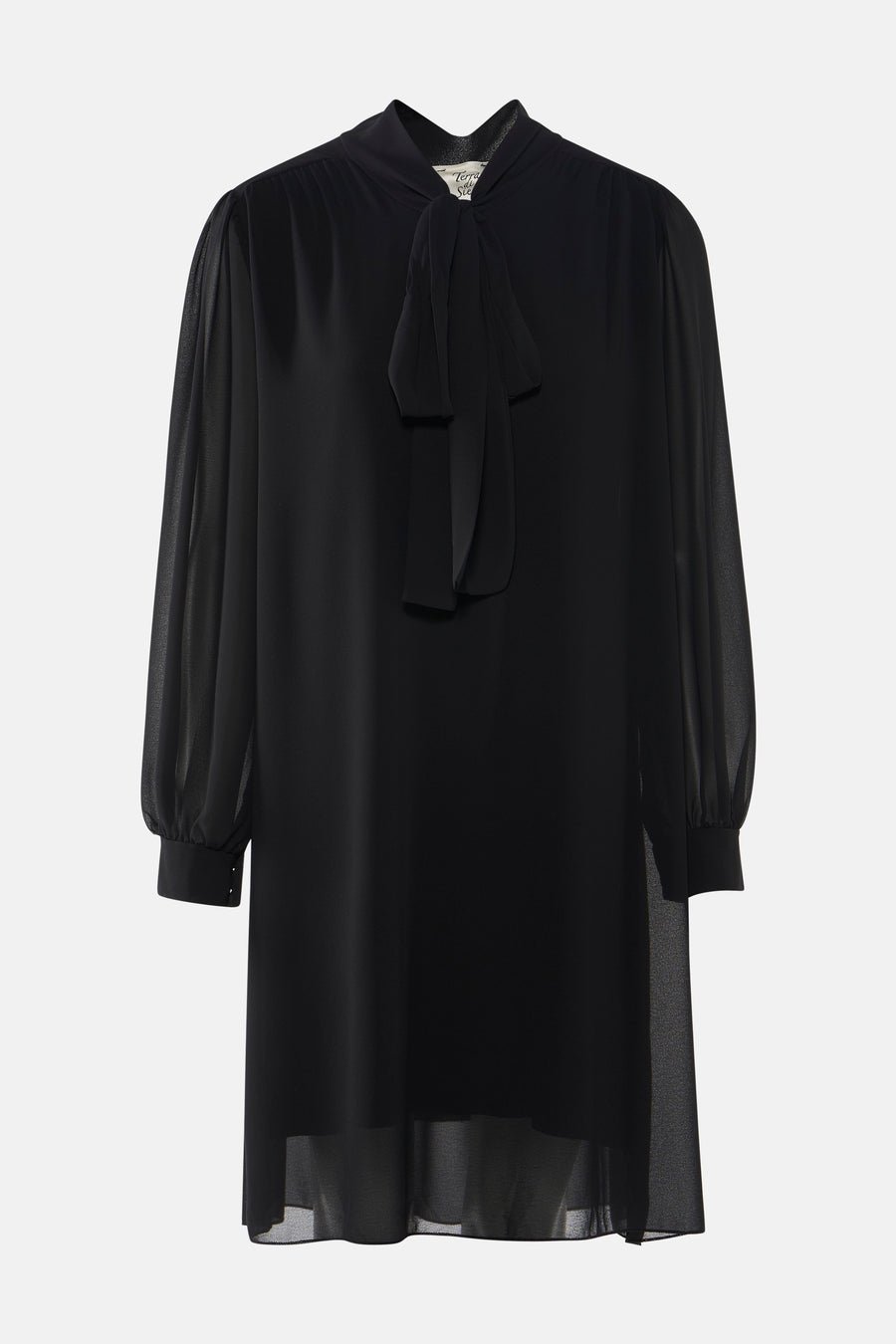 Zwarte jurk met lange mouwen van Terra di Siena, met opstaande kraag en doorschijnende details.