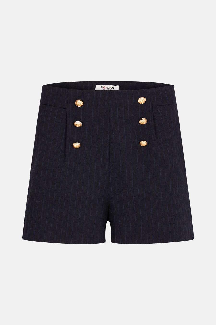 Korte blauwe short met verticale strepen van Morgan de Toi, met decoratieve gouden knopen aan de voorkant.