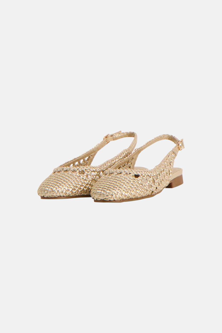 Ballerines dorées de Morgan de Toi avec motif tressé et bride de cheville ajustable.