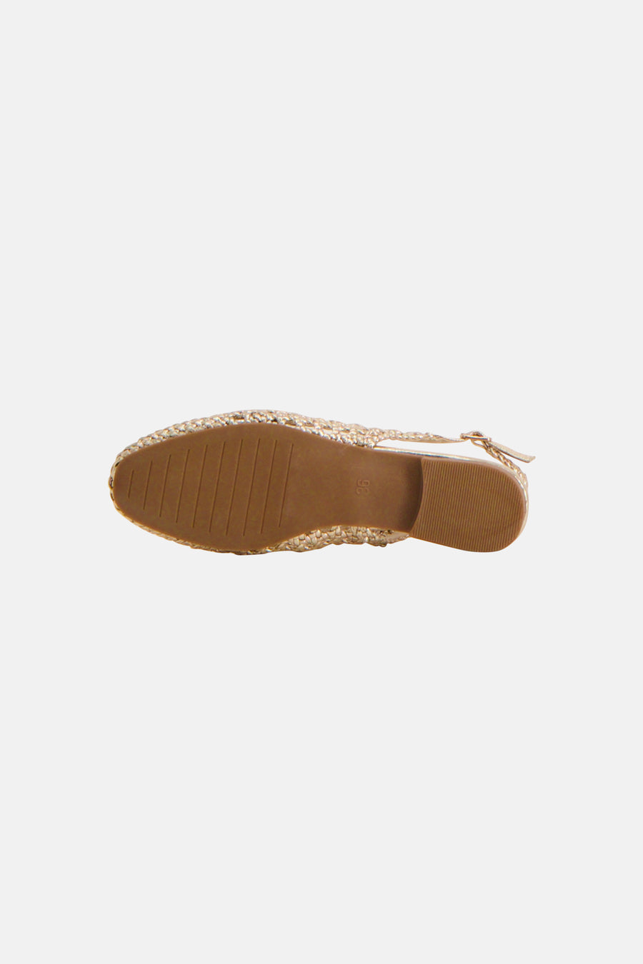 Ballerines dorées de Morgan de Toi, semelle marron avec motif de rayures, vue de dessous.
