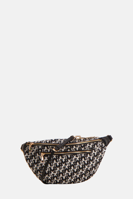 Portefeuille multicolore de Morgan de Toi avec un motif de lettres, fermeture éclair dorée et détails noirs.
