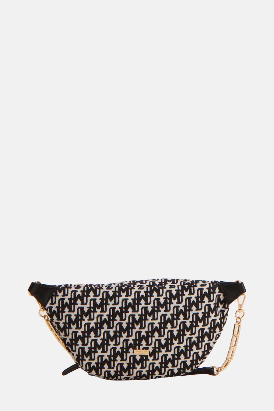 Porte-monnaie multicolore de Morgan de Toi, avec motif monogrammé noir et blanc et bandoulière chaîne dorée.
